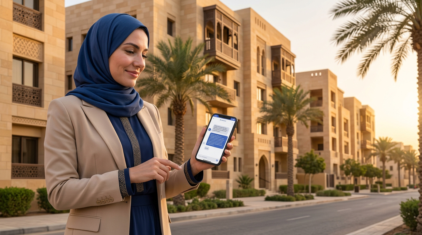 صورة واقعية لمسوقة عقارية تتلقى رداً آلياً من مساعد ذكاء اصطناعي على جوالها أمام مبانٍ سكنية