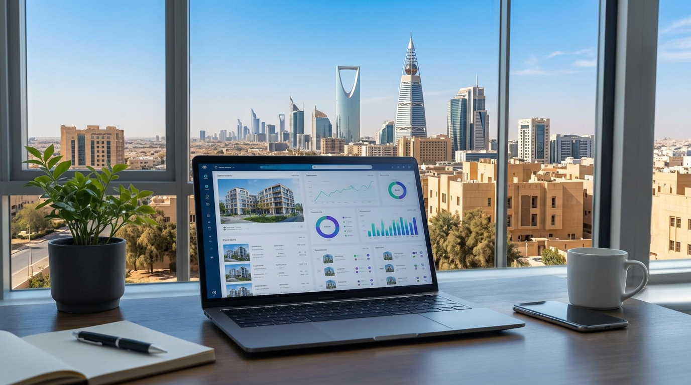 صورة واقعية لبرنامج إدارة العقارات يعرض مباني سكنية ولوحات تحكم وتحليلات