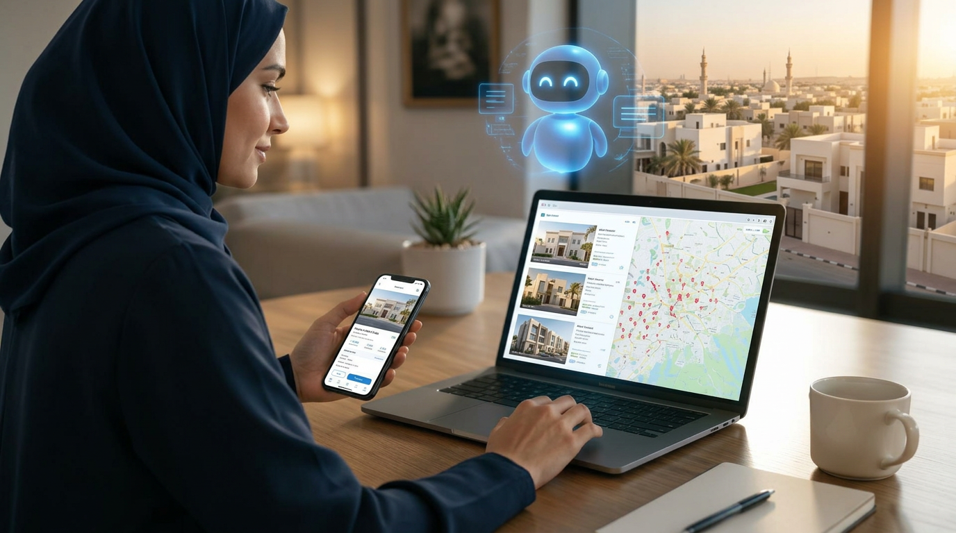 صورة واقعية لمسوق عقاري يدير عروض العقارات من حاسوبه مع خريطة ومواقع عقارية