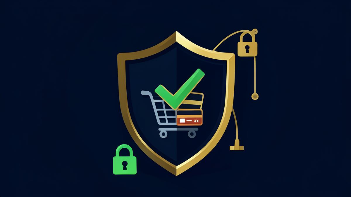 درع حماية فوق سلة تسوق يرمز لشراء الخدمات الرقمية بأمان
